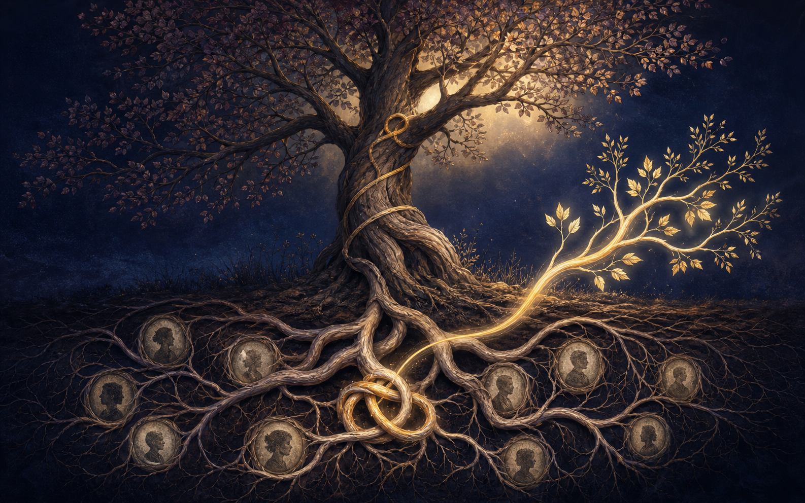 Albero genealogico con radici intrecciate e un ramo nuovo illuminato