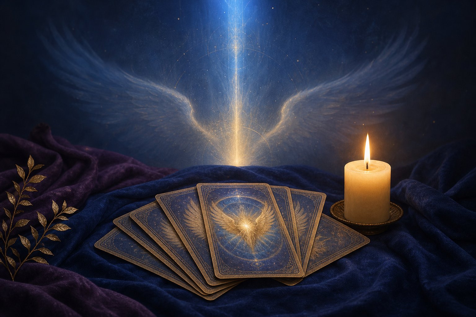 Carte oracolari accanto a una candela, illuminate da una luce blu e dorata
