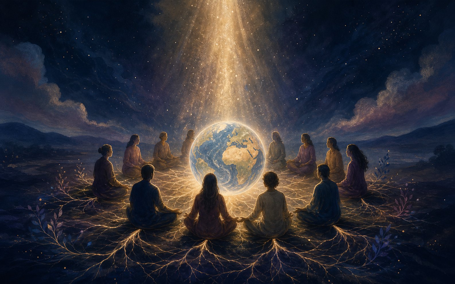 Persone in meditazione attorno alla Terra illuminate da una luce dorata
