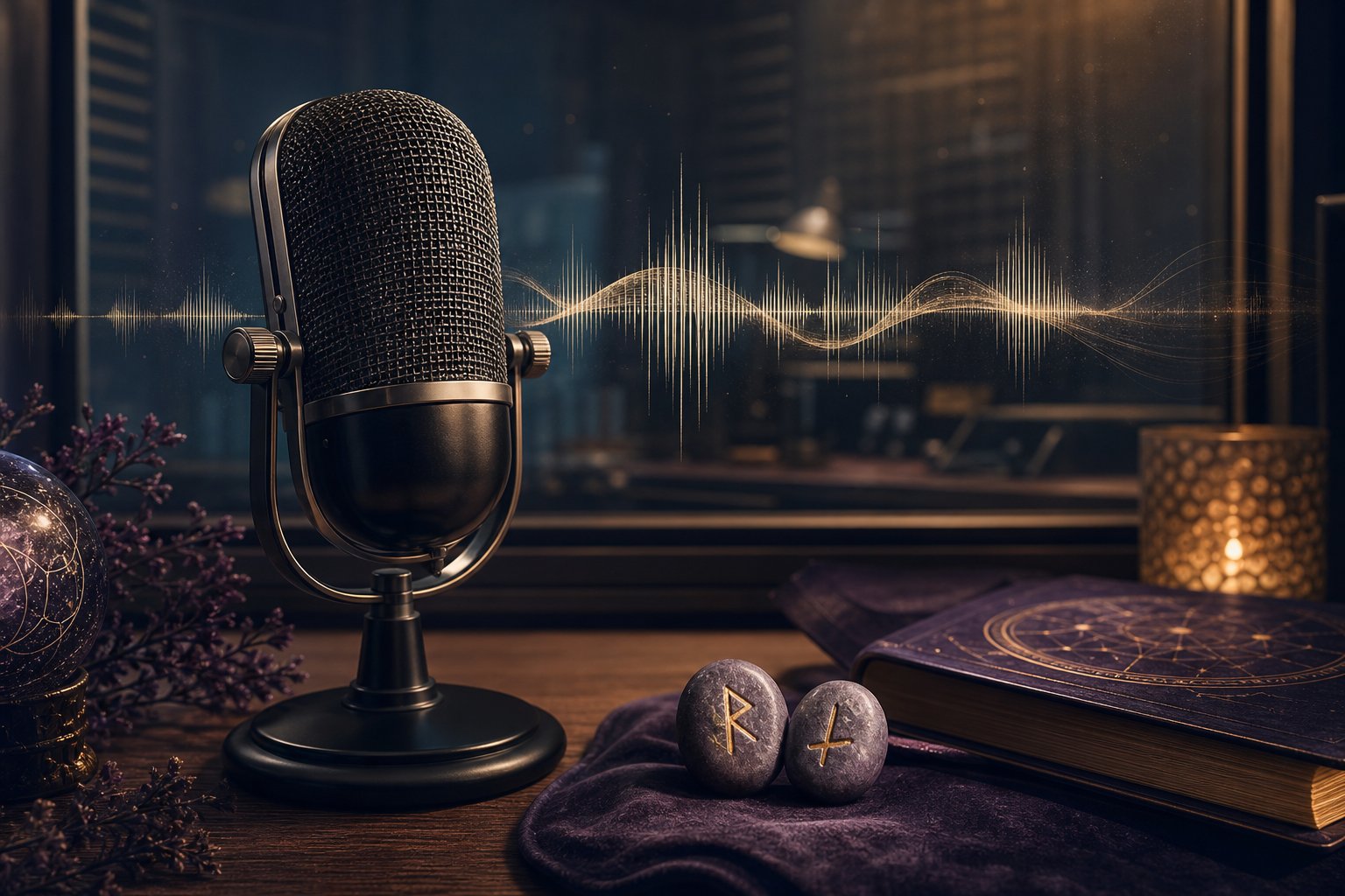 Microfono in uno studio radiofonico con onde sonore e rune